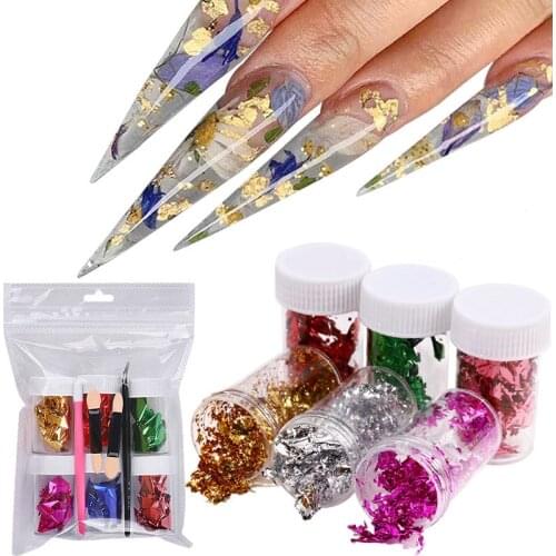 6 Bottles Colorful Nail Art Foil Paper Aluminum Nail Sticker Manicure + Tweezers + Sponge + Silicone Tools Nail Decoration Set