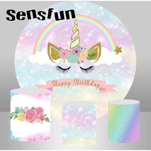 Unicorn Party Round Backdrop Cover Rainbow Flower Bokeh Girls Birthday Cake Table Banner Circle Background Plinth Covers Custom