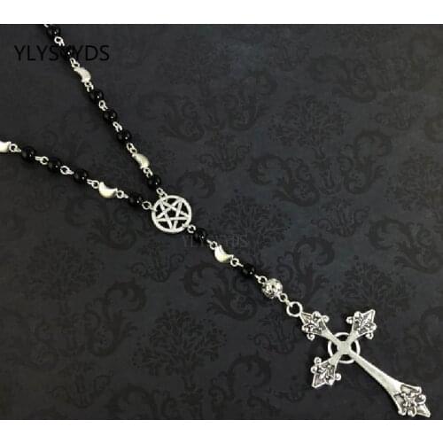 Gothic Rosary Necklace Prayer Beads Pentagram Beaded Trad Goth Cross Halloween Pendant Witcher Charm Fashion Creativity New