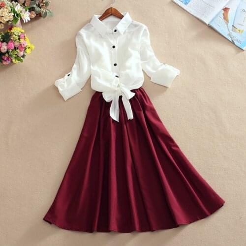 2021 Spring Summer New Two Piece Set Women Adjust Sleeve White Chiffon Blouse Bow Tie Shirt Top + Long Pleated Skirt Set Suits