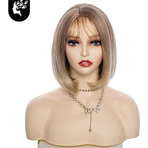 Short Straight Bob Syhthetic Wig With Bangs for White Women Blonde Brown Cosplay Wigs for Party Daily Use YOUR BEAUTY HAIR