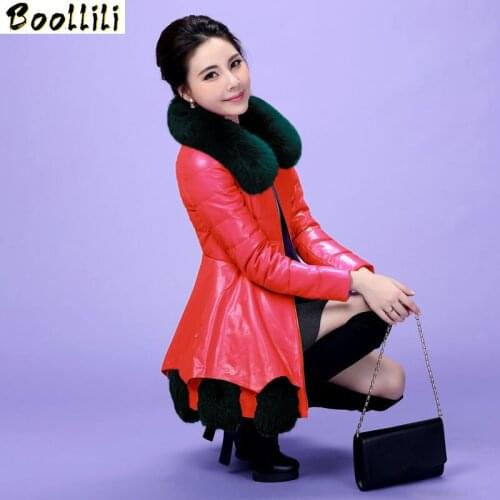 Leather Jacket Women Pu Leather Jacket 2020 New Fashion White Duck Down Faux Fox Fur Collar Jaqueta Couro Plus Size M-4XL