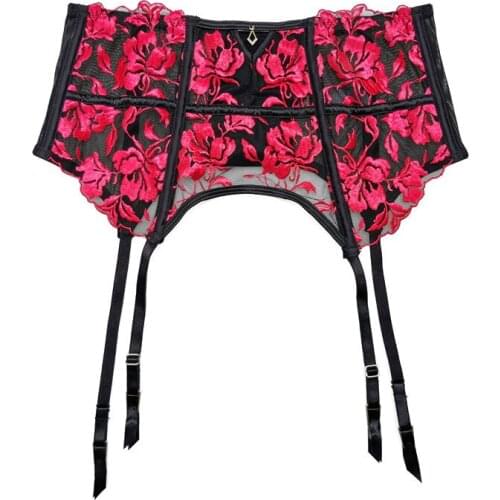 Red Black Floral Embroidery Hollow Out Fishbone High Waist Garter Belt for Stockings Women Suspenders Sexy Lingerie GA1623