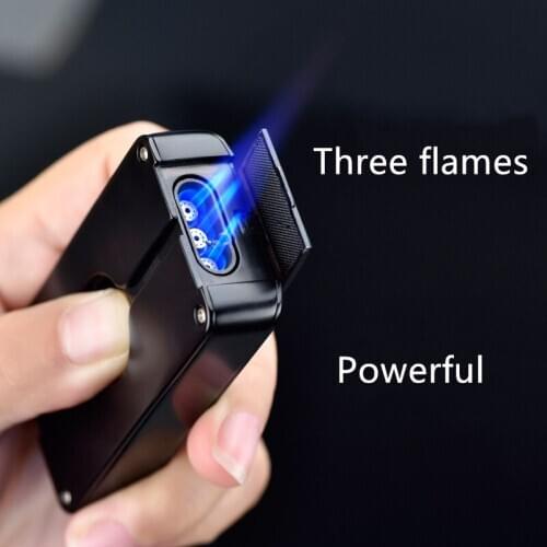 Metal Triple Torch Jet Lighter Turbo Pipe Lighter With Cigar Cutter Butane Gas Windproof Flame Lighter Cigarette Gadgets For Men