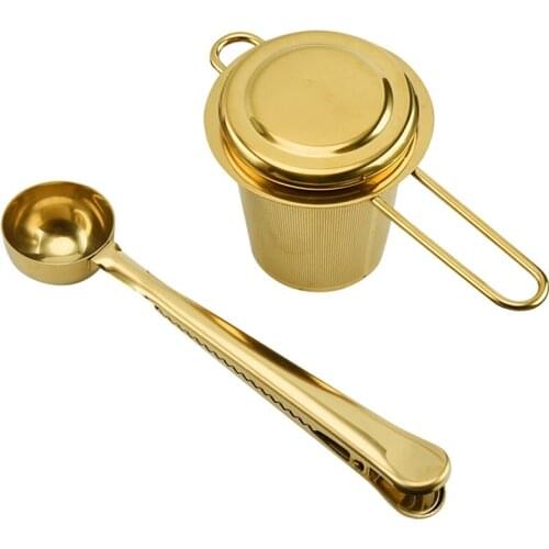 Stainless Steel Golden Tea Drain Dual-Use Coffee Spoon Sealing Clip Tea Filter Mesh Tea Bucket Set