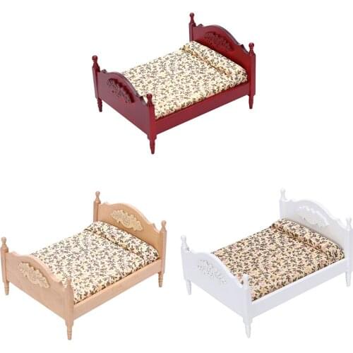 Doll House Decor Double Bed European Furniture Kit Miniature Model Cute Kid Gift DIY Handcraft Handmade Desktop Ornament Mini