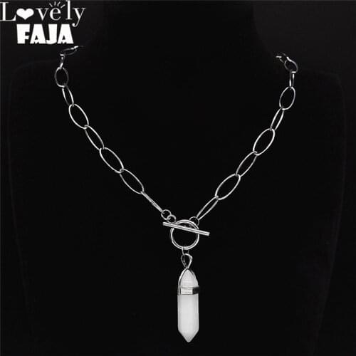 Stainless Steel Punk Necklaces Hexagonal Bullet Reiki Point Chakra White Crystal Pendant Necklace Jewelry collares NXS03