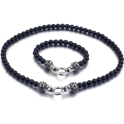 One Set New style Jewelry Set 8mm Black stone Necklace & Bracelet set Stainless Steel Skull skeleton clasp for mens gifts