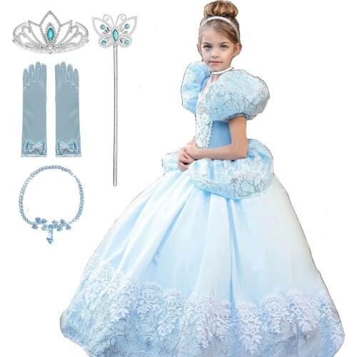Disney Cinderella Princess Girls Dress Kids Dresses for Girls Christmas Party Dress Summer Puff Sleeve Embroidery Flower Dress