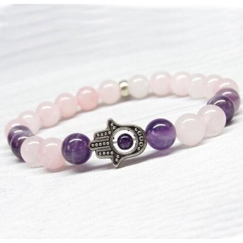 Rose Quartzs Beaded Pulsera Mujer Healing Stone Hamsa Charm Bracelet Amethysts Bracelet For Men Women Gift