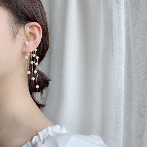 2021 Korean Fashion Stud Earrings New Temperament Personality All-match Non-pierced Pearl Tassel Earrings Womens Clothing