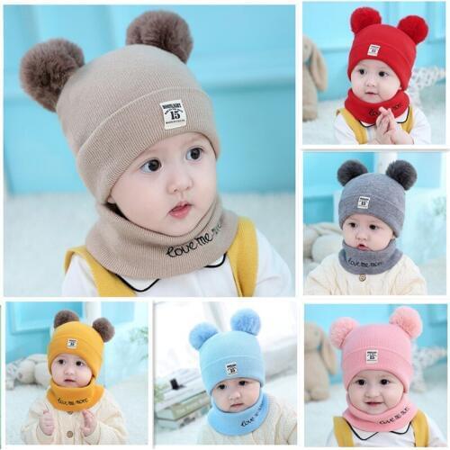 0-12 Month Baby hat Winter Child Beanies pompom Cap Baby girls boys Hats with Neck warmers Set Winter Warm Suit For Infant hat