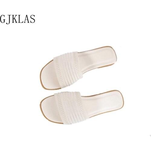 Elastic Knitting Female Slippers Flat Girls Fashion Beige Black Yellow Slippers Women Summer Comfortable Flat Sandals Woman