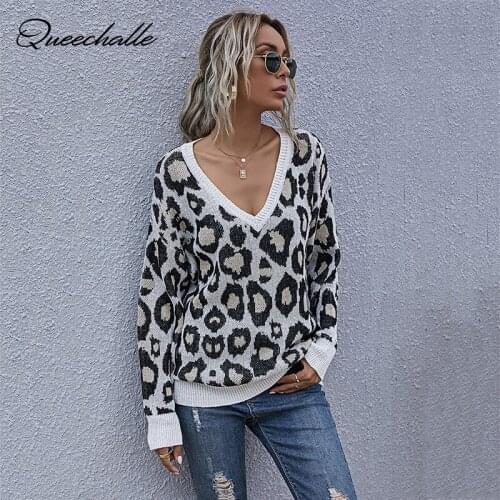 Leopard Sweater 2021 Spring Autumn Deep V neck Loose Knitted Pullover Long Sleeve Casual Knit Sweaters for Women Jumper Tops