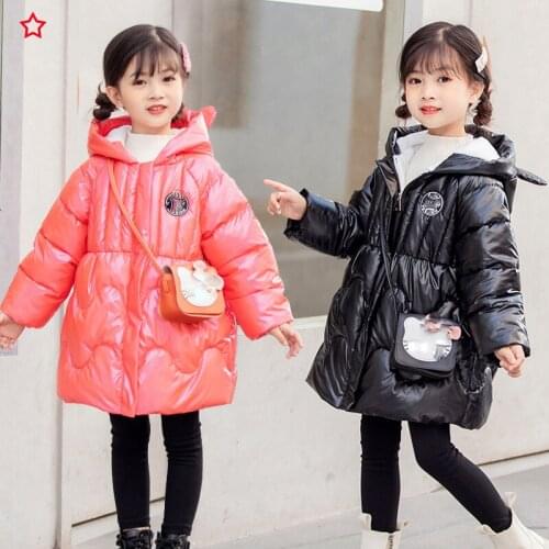 Girls bright leather cotton winter clothes 2021 new style foreign Korean girl mid-length cotton-padded clothes childrens autumn
