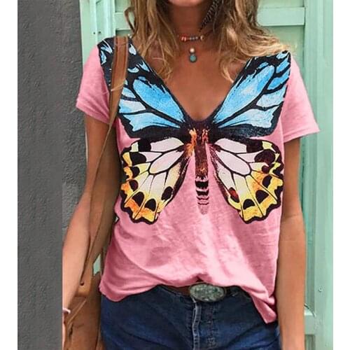 2021 Summer Harajuku Fashion V-Neck Short Sleeve Tops Vintage Womens T-Shirt Butterfly Printed Loose Casual Color Large size