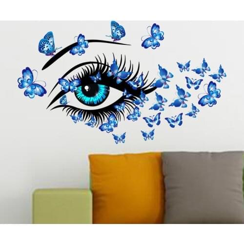 Butterflies Womens Eyes Mural Art Home Decor Blue Eye Wall Stickers Decals Living Room Bedroom TV Sofa Background Decor