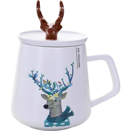 1 Set Antler Ceramic Cup Cartoon Mug With Lid Spoon Water Glass For Students Mugs Coffee Milk Cups
