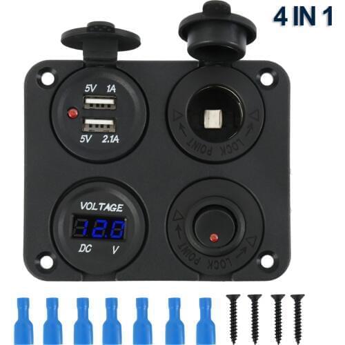 12V Car Cigarette Lighter Socket + Dual USB Port Charger + Voltmeter Panel