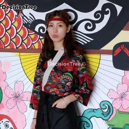 2021 unisex japanese korea style medium sleeve cook uniform kimono waiter work wear chef restaurant overalls