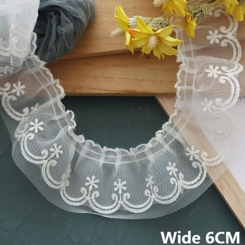 6CM Wide White Double Layers Mesh Embroidered Finge Ribbon Mesh Pleated 3d Lace Collar Ruffle Trim Wedding Dress Patchwork Decor