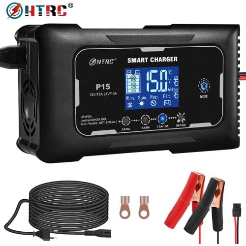HTRC P240W 12V/24V 15A Car Battery Charger, Automatic Smart Motorcycle Battery Charger For Car, RV, ATV, Boat PB/LIFEPO4 Battery