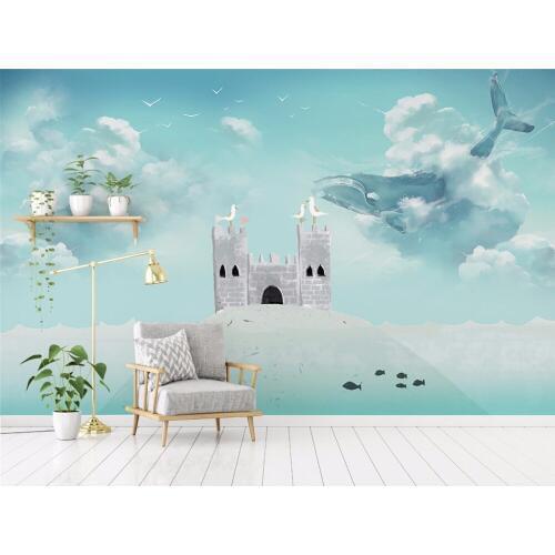Bacaz Castle Blue Sky Whale Bird 3d Cartoon Wallpaper Murals for Child Baby Room Home Decor 3D Cartoon Mural wall paper Stickers