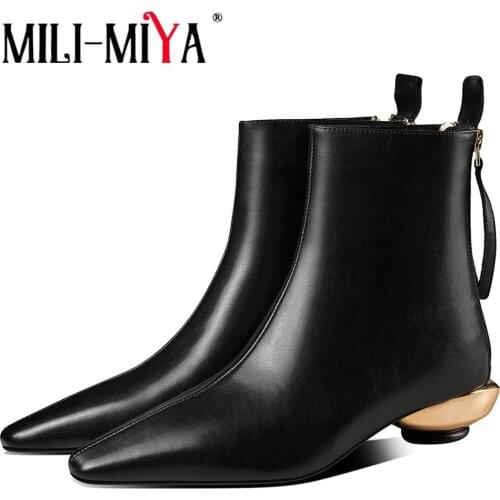 MILI-MIYA New Concise Design Women Full Genuine Leather Ankle Boots Solid Color Thick Heels Pointed Toe Zippers Big Size 34-42
