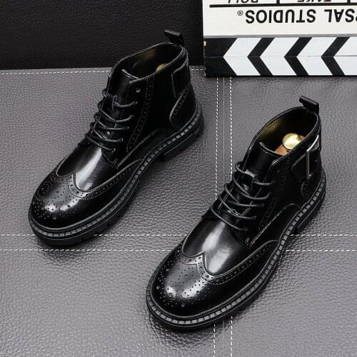 Mens luxury fashion wedding party dresses genuine leather boots carved bullock shoes platform brogue boot ankle botas hombre