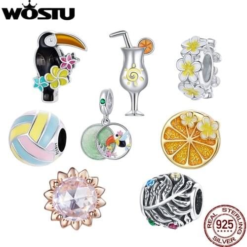 WOSTU 100% 925 Sterling Silver Summer Lemon Flowers Iced Drink Toucan Charm Beads fit Women Bracelet DIY Beads Jewelry BNC444