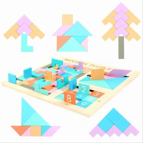 Wooden Puzzle Tetris Tangram Safe Water-based Paint Multifunction Child Early Education Brain Game