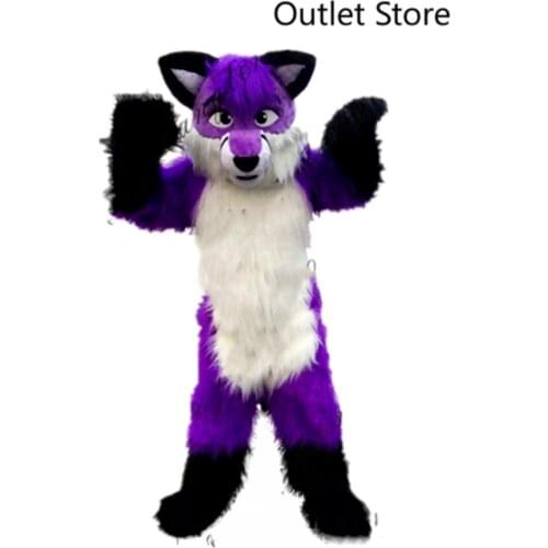 Halloween Purple Long Fur Husky Fox Dog Mascot Costume Cosplay Carnival Fursuit