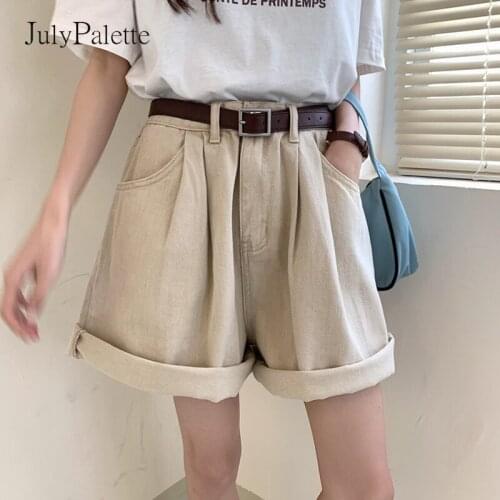 JulyPalette Womens Denim Shorts 2021 Summer Wide-leg Shorts With Belt Women Casual Loose Fashion Rolled Jeans Shorts Female