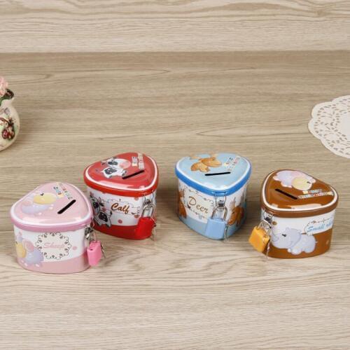 Heart Shape Money Boxes Iron Piggy Bank Saving Coin Cartoon With Lock Christmas Party Gifts for Kids LX8280