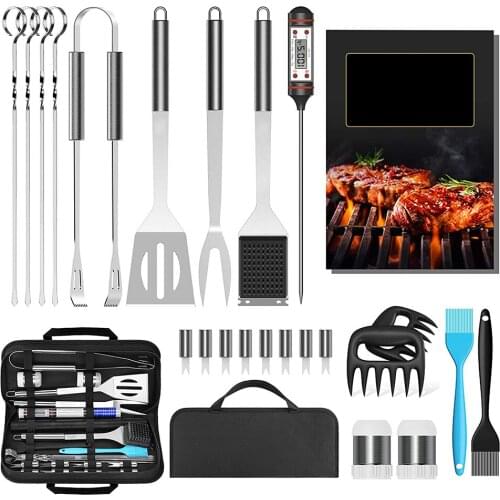 25Pcs Barbecue Tool Set Portable Picnic Knife Bakeware Non-stick Pat Fork Brush Meat Thermometer Outdoor Camping Cooking Tool