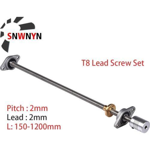 T8 Lead Screw Set Lead 2mm Length 150 200 250 300 400 500 600 1200mm+Brass Nut+Coupling D19L25 5*8mm+2Pcs KFL08 Bearing Bracket