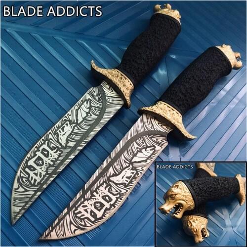 Collectors Tactical Hunting Knife Wolf Head&Etched Blade Outdoor Bowie knifes Army Fixed Blade camp survival Ultra Sharp Knives