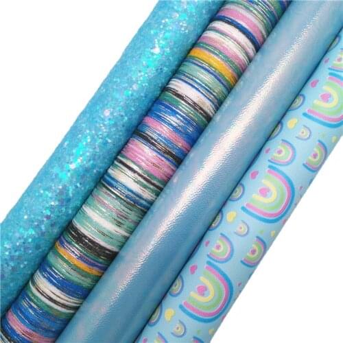Iridescent Blue Glitter Fabric, Rainbow Printed Faux Fabric, Ethic Fabric Sheets For Bow A4 21x29CM Twinkling Ming XM788