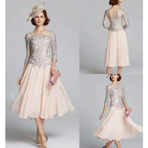 2019 Chiffon Mother of the Bride Dresses 3/4 Long Sleeves Evening Gowns Custom Tea-Length A-Line Wedding Guest Dress
