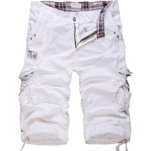 New Cotton Mens Casual Shorts Loose Large Size Cargo Shorts Solid Color Patchwork Military Shorts White Knee Length Tactical
