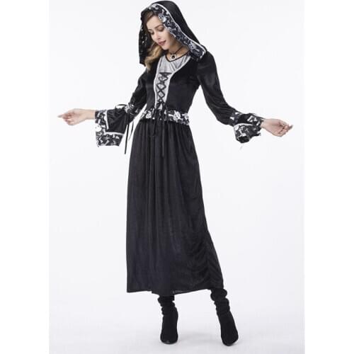 Medieval Gothic Long Dresses For Halloween Witchcraft Larp Black Cape Costumes Adult Women Masquerade Queen Cosplay Costume