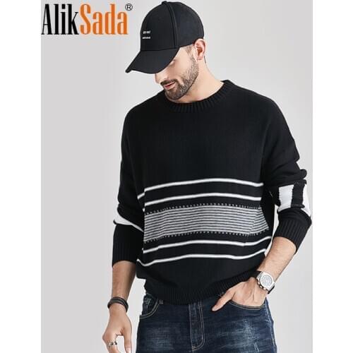 Aliksada Mens Autumn Winter New Casual Cotton Thick Striped Sweater Pullover Men Spring Classic Warm Knitwear Sweater Coat Men