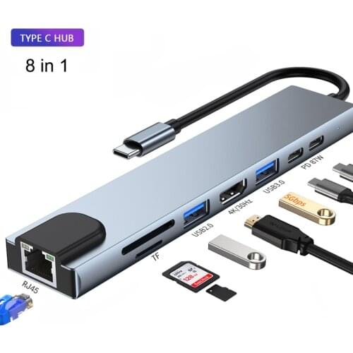 8-IN-1 USB 3.0 Type-C Hub To HDMI-compatible 4K USB C Hub with Hub 3.0 TF SD Reader Slot RJ45 PD for MacBook Pro/Air/Huawei Mate