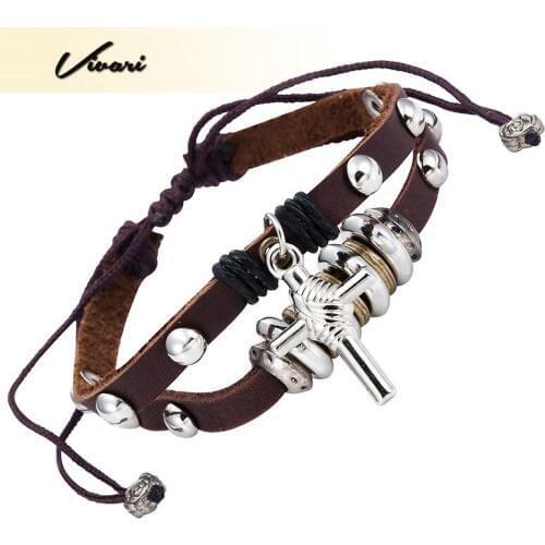 Vivari Vintage Bohimia Leather Bracelet For Women Bangle Men Cross Shape Pattern Double Layer Zinc Alloy Bracelets Bangle Retro