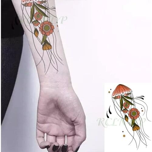 Waterproof Temporary Tattoo Sticker Colorful Jellyfish Flower Fake Tatto Flash Tatoo Back Leg Big Size Art for Women Men