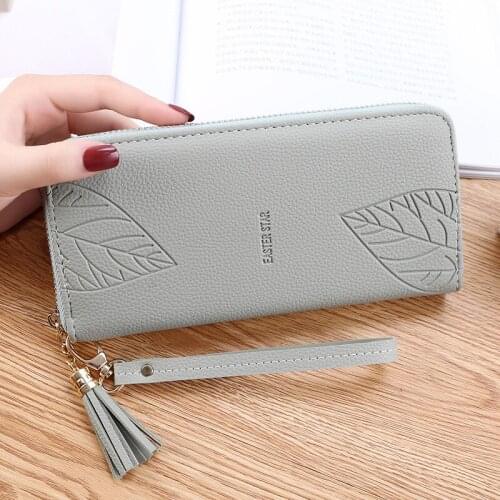 Womens Wallet Embossed Leaves Long Female Pu Leather Tassel Solid Color Coin Purses Ladies Wristband Large Capacity Card Holder