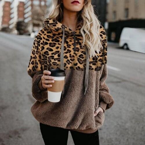 Leopard Patchwork Lambswool Women Hooded Tops Zipper Lace Up Fluffy Ladies Hoodie Sweashirts Autumn Loose Casual Warm Coat 2021
