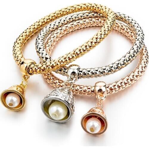 Famous Brand Jewelry 3pcs Gold/Silver Plated Charm Bracelet For Women With Bell Pendant Pearl Bracelet Gifts Wholesale SBR150185