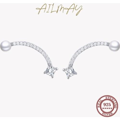 Ailmay Genuine 925 Sterling Silver Simple Luxury Smile Shell Pearl Earrings Fashionc For Women Party Wedding Engagement Jewelry