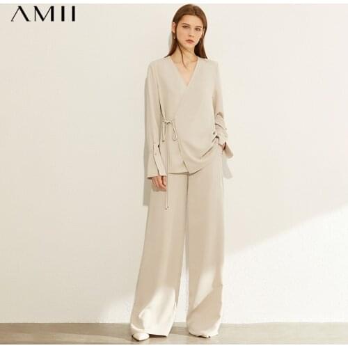 AMII Minimalism Autumn Fashion Women Set Solid Vneck Bandage Loose Blouse Tops High Waist Long Pant Female Set 12030227